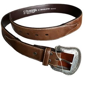 Nocona Western Style Belt Genuine Leather Brown Silver Buckle Size 34